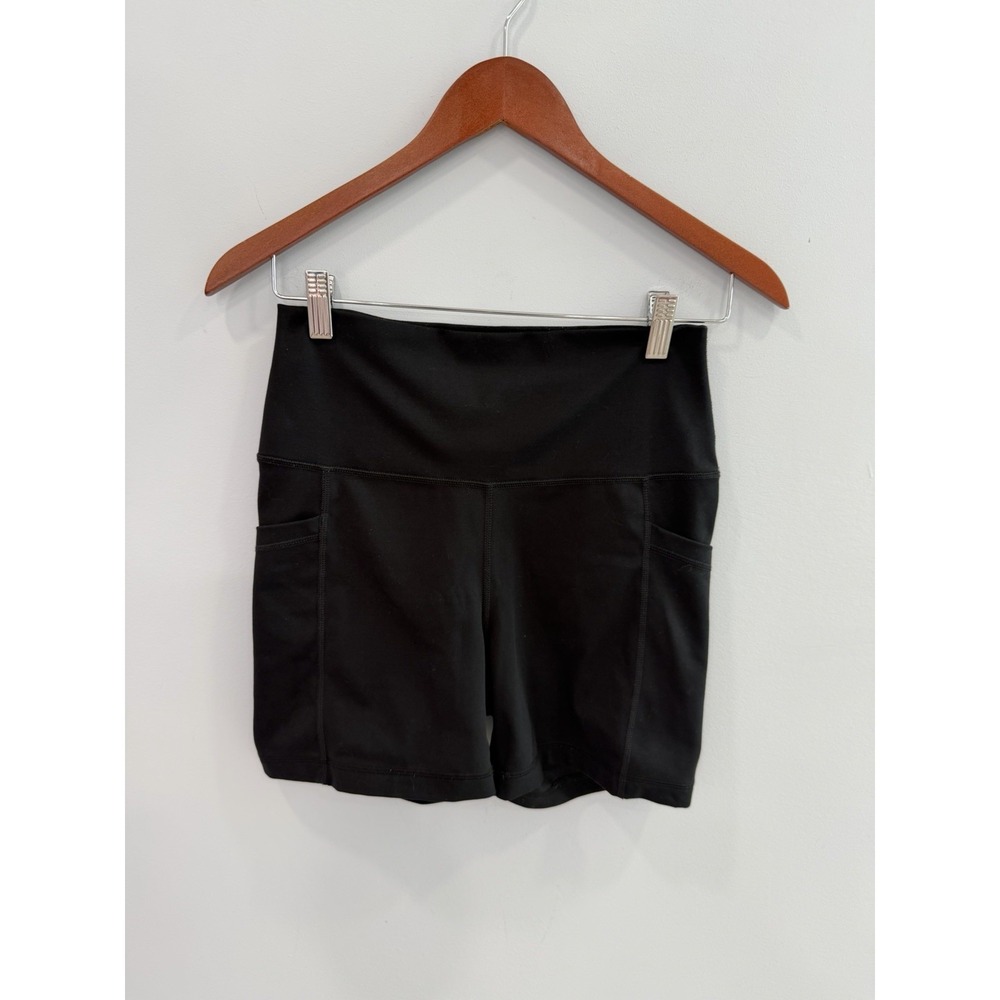 YOGALICIOUS LUX Women Black High Rise Gym Shorts Size Large Side Pockets